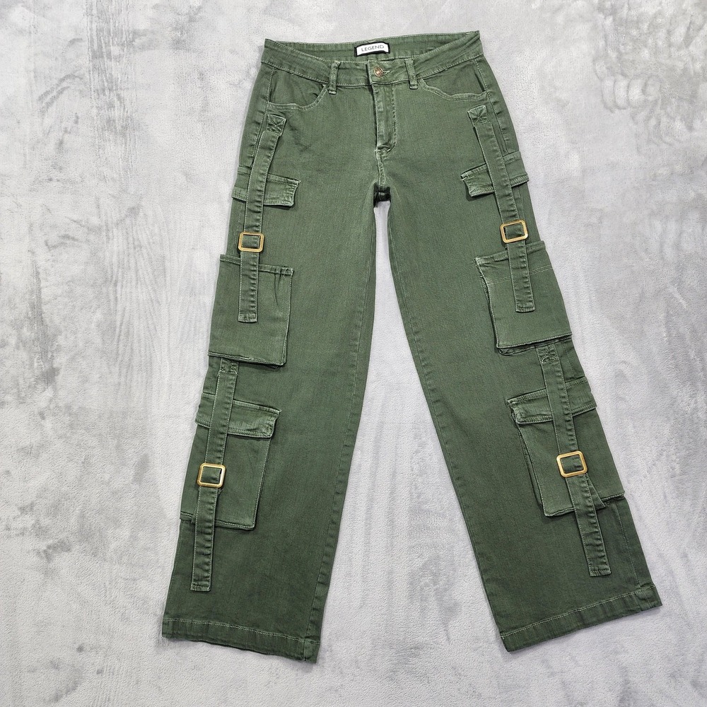 Legend Pants Womens M Green Relaxed Fit Cargo Wide Leg Buckle Strap Utility
